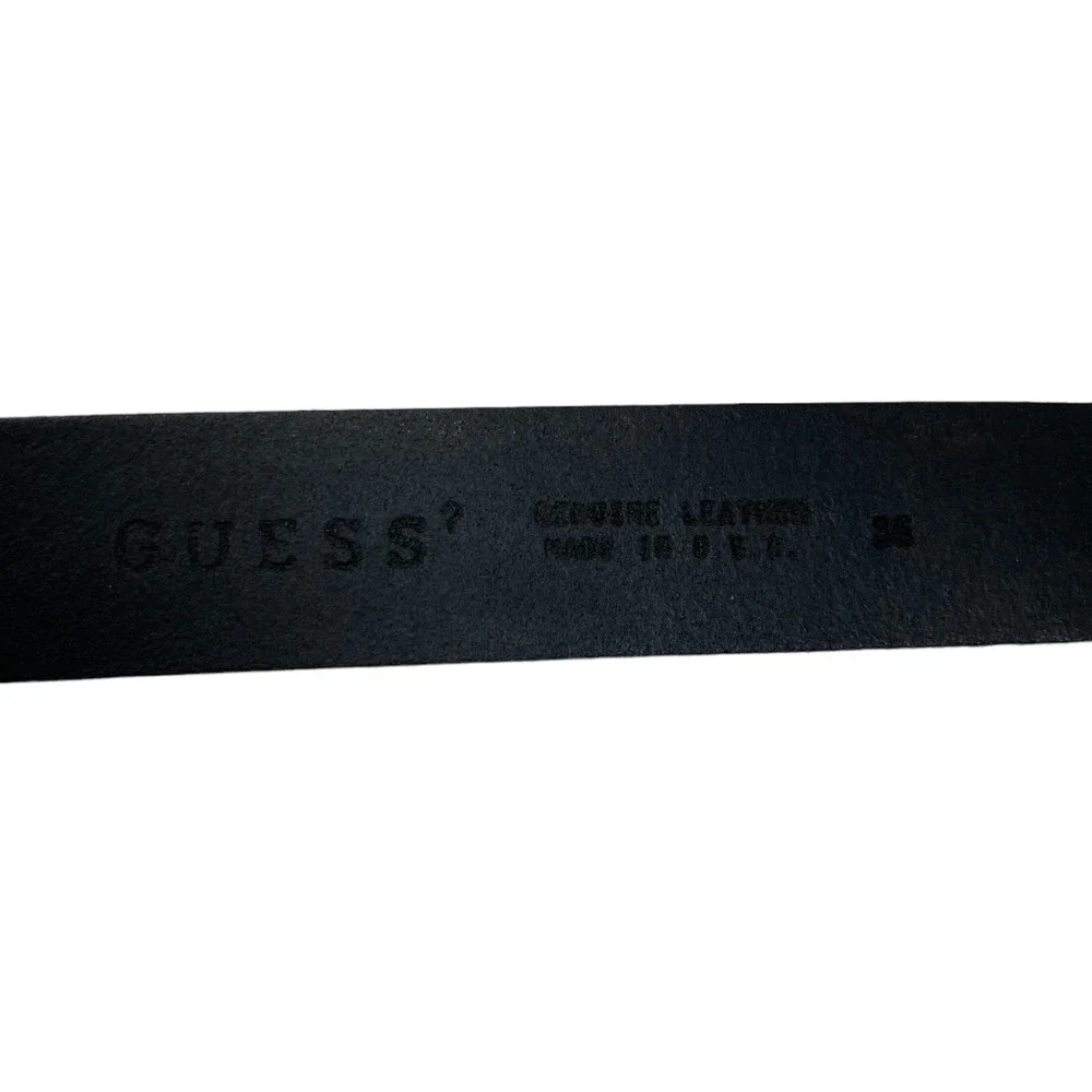 Vintage 90s Guess Black Leather Belt 36 Made in USA Triangle Logo Distressed - Picture 5 of 6